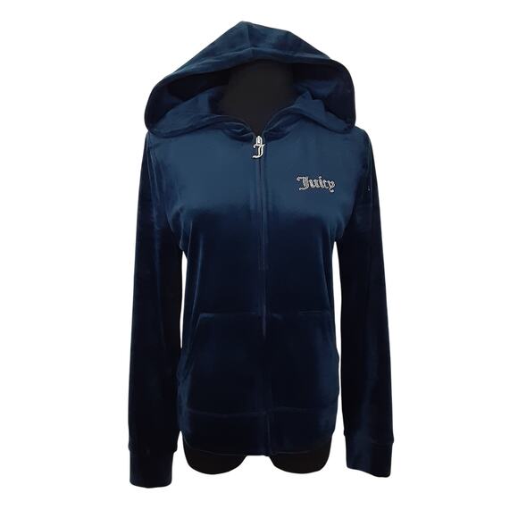 Juicy Couture Velour Track Jacket Y2K Rhinestone Bling Full Zip Hoodie Blue M - Picture 1 of 14